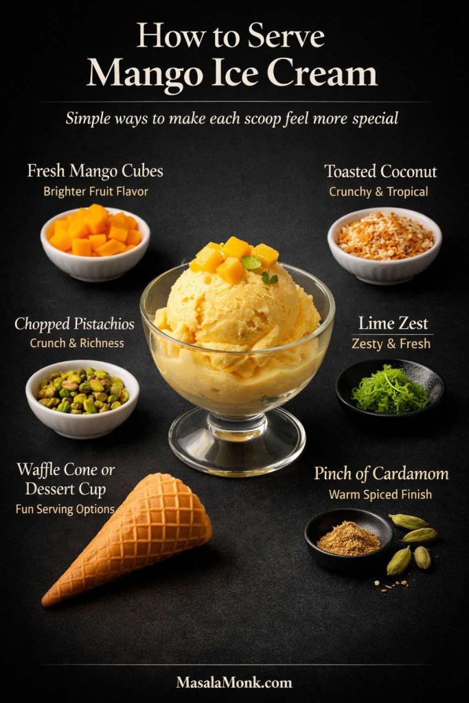 Serving guide for homemade mango ice cream showing a scoop in a dessert cup with fresh mango cubes, toasted coconut, chopped pistachios, lime zest, cardamom, and a waffle cone on a dark background.