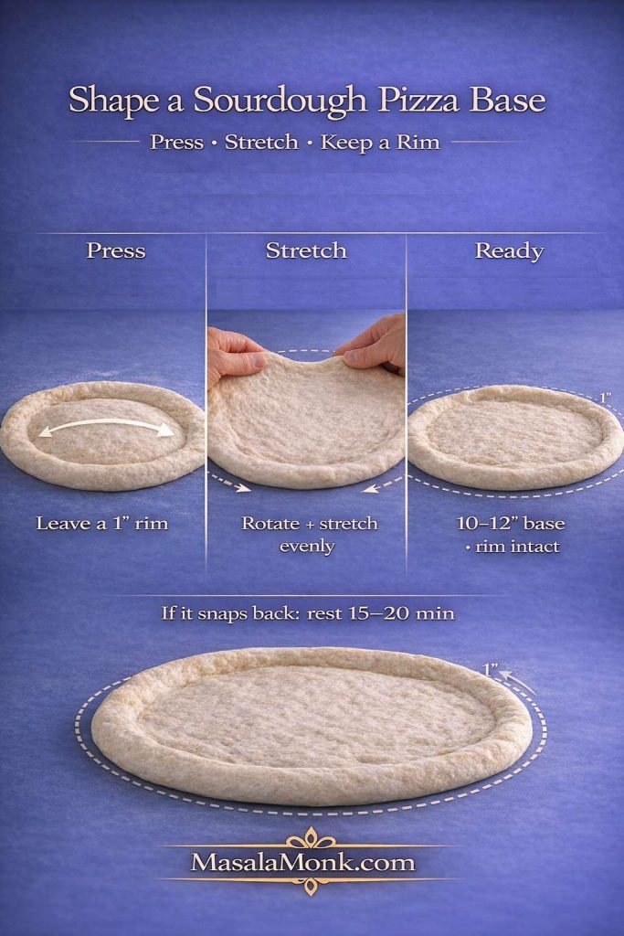 Step-by-step guide showing how to shape a sourdough pizza base: press to leave a 1-inch rim, stretch evenly, and form a 10–12 inch pizza base with the rim intact.