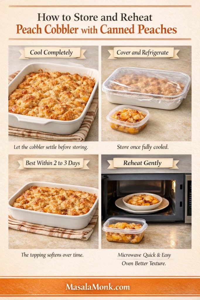 Photoreal storage and reheating guide for peach cobbler with canned peaches showing four steps: cool completely, cover and refrigerate, enjoy within 2 to 3 days, and reheat gently in the microwave or oven, with MasalaMonk.com branding in the footer.