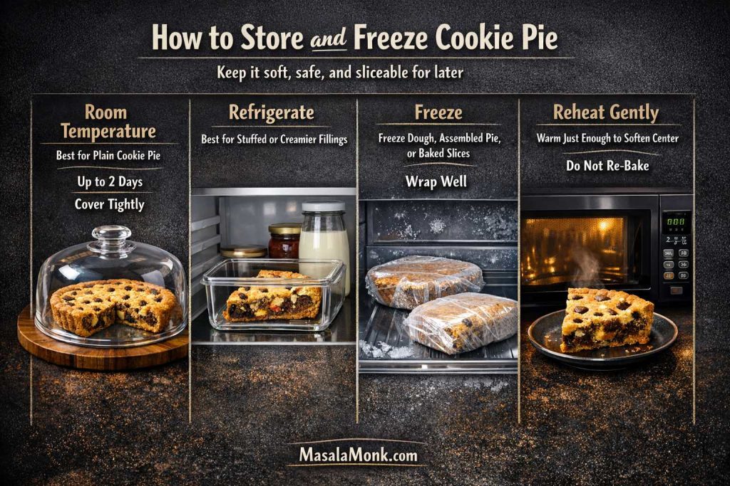Cookie pie storage guide showing how to keep plain cookie pie at room temperature, refrigerate stuffed cookie pie, freeze dough or slices, and reheat gently without drying the center.
