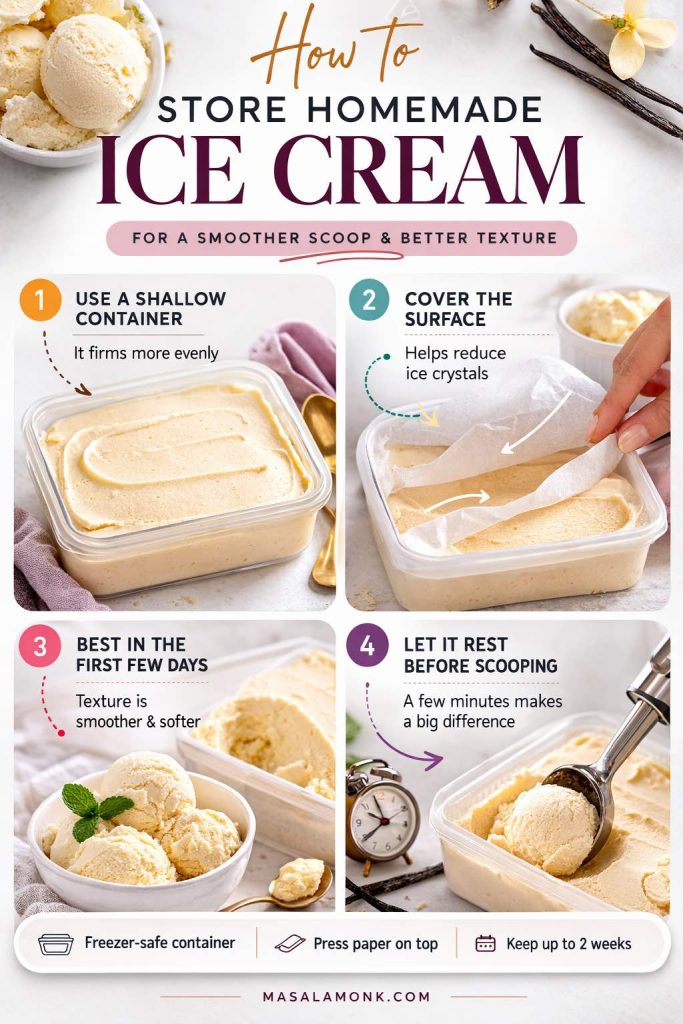 Storage guide for homemade ice cream, showing how to use a shallow freezer-safe container, cover the surface to reduce ice crystals, enjoy the best texture in the first few days, and let the ice cream rest briefly before scooping.