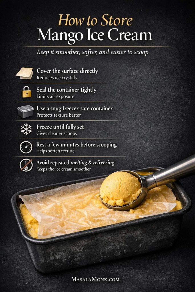 Storage guide for homemade mango ice cream showing a loaf pan with the surface covered directly, a scoop, and tips for keeping mango ice cream smoother, softer, and easier to scoop.