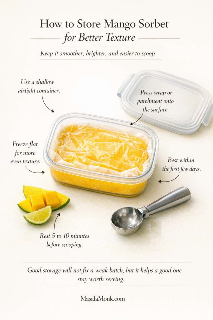 Mango sorbet storage guide showing homemade mango sorbet in a shallow airtight container with wrap or parchment pressed onto the surface, plus tips to freeze flat, enjoy within the first few days, and rest 5 to 10 minutes before scooping.