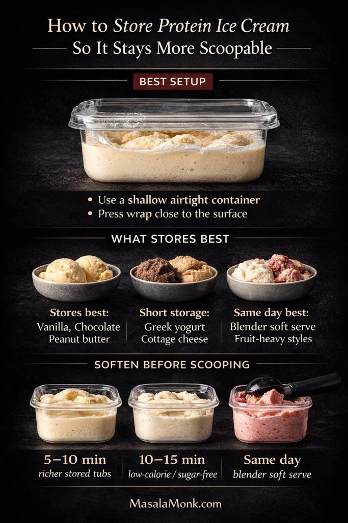 Protein ice cream storage guide showing the best shallow airtight container setup, which homemade protein ice cream styles store best, and how long to soften richer, low-calorie, sugar-free, and blender-style versions before scooping.
