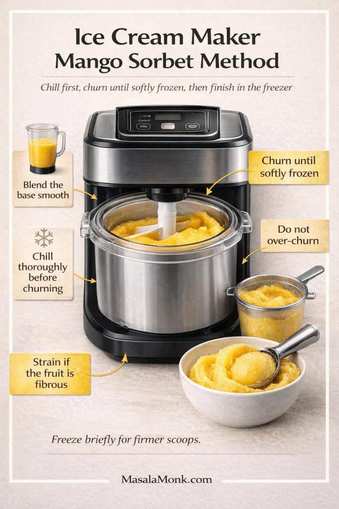 Ice cream maker mango sorbet method guide showing a mango sorbet base blended smooth, chilled before churning, strained if fibrous, churned until softly frozen, and briefly frozen again for firmer scoops.