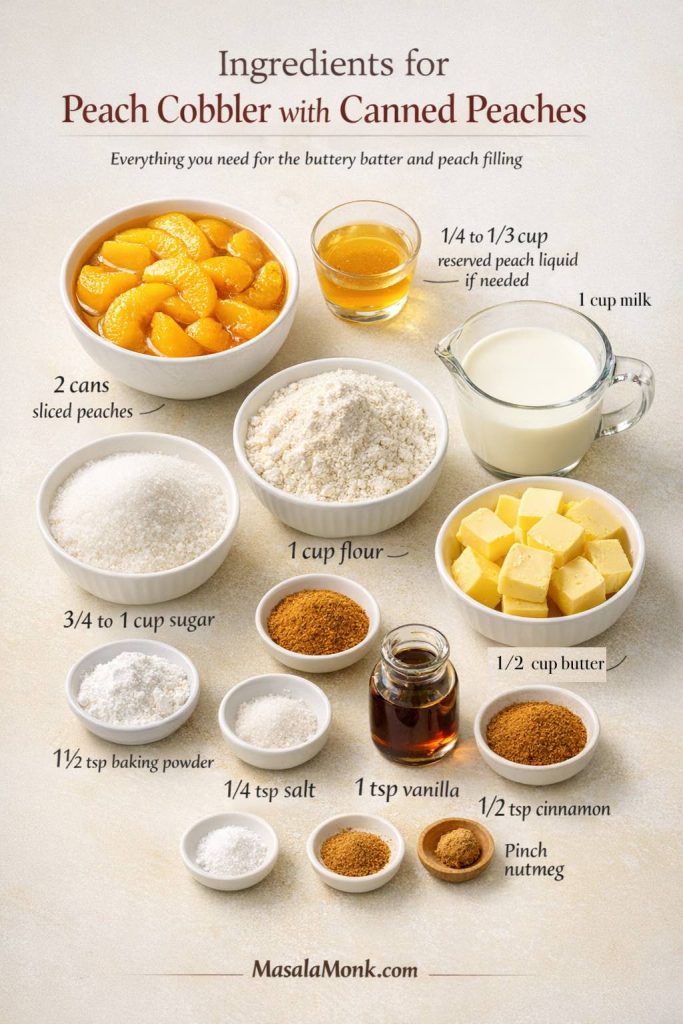 Photoreal ingredient card for peach cobbler with canned peaches showing sliced peaches, reserved peach liquid, flour, sugar, milk, butter, baking powder, salt, vanilla, cinnamon, and nutmeg with measured labels and MasalaMonk.com footer branding.