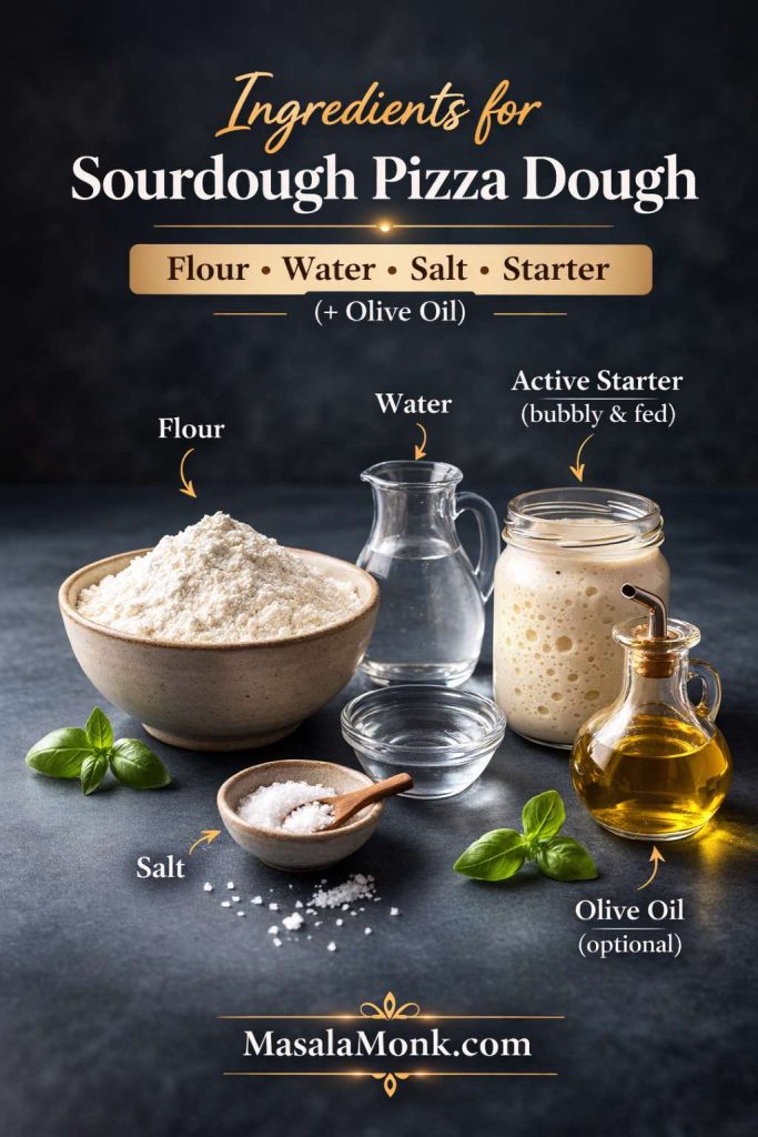 You only need flour, water, salt, and an active starter to make sourdough pizza dough—olive oil is optional, but it helps the dough handle smoothly in a home oven.