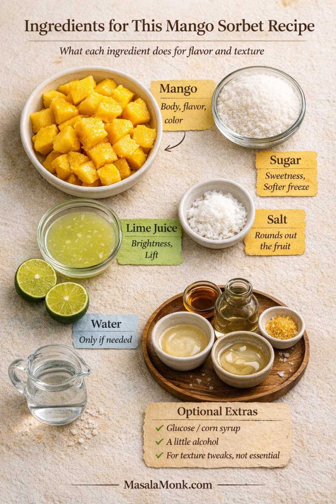 Ingredient guide for a mango sorbet recipe showing mango, sugar, lime juice, salt, water, and optional extras like glucose or corn syrup and a little alcohol, with notes explaining what each ingredient does for flavor and texture.