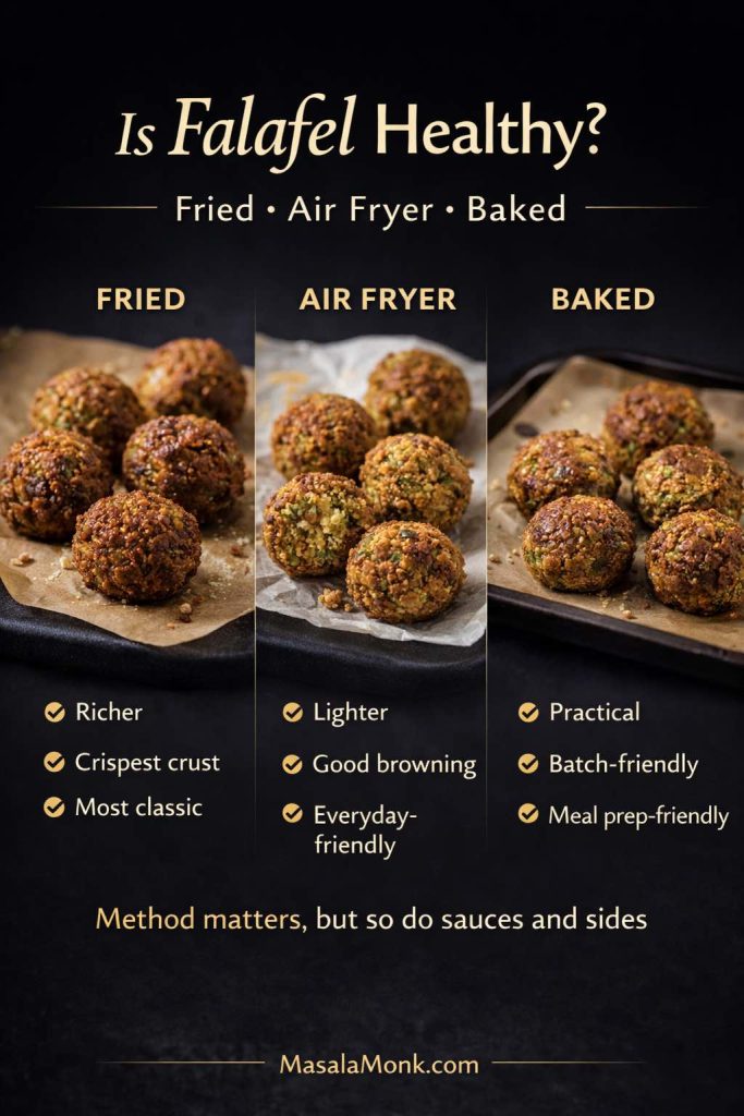 Falafel can fit into very different kinds of meals depending on how it is cooked and what it is served with. Fried falafel gives the deepest crust and the most classic result, air fryer falafel feels lighter while still browning well, and baked falafel is especially practical for batch cooking and meal prep. The method changes the feel of the plate, but balance still depends on the sauces, vegetables, and sides that come with it.