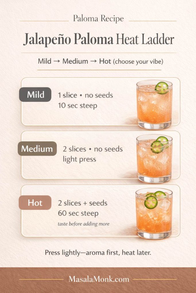 Infographic titled “Jalapeño Paloma Heat Ladder” showing three spice levels for a spicy Paloma: Mild (1 jalapeño slice, no seeds, 10 seconds steep), Medium (2 slices, no seeds, light press), and Hot (2 slices with seeds, 60 seconds steep, taste before adding more), with the tip “Press lightly—aroma first, heat later.”