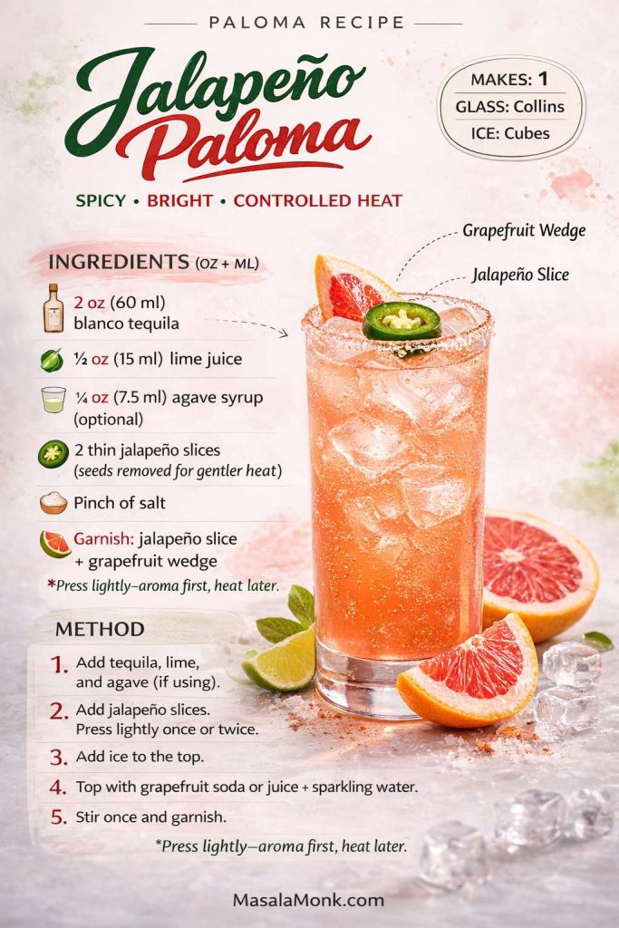 This jalapeño Paloma cocktail keeps the heat controlled and the grapefruit bright. The trick is simple: add jalapeño slices and press lightly once or twice—you want aroma first, heat later. Then top with grapefruit soda (or fresh grapefruit juice + sparkling water) and stir once. It’s the easiest way to make a spicy Paloma that tastes refreshing, not aggressive.