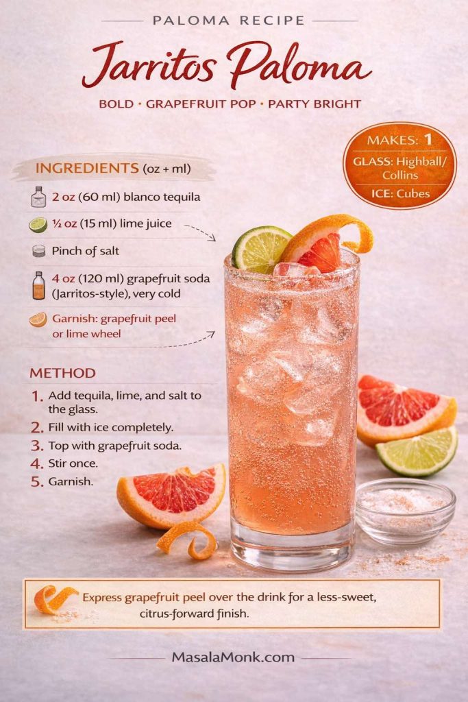 Recipe poster titled “Jarritos Paloma” describing a bold grapefruit soda Paloma with ingredients in oz and ml: blanco tequila, lime juice, pinch of salt, very cold Jarritos-style grapefruit soda, and garnish of grapefruit peel or lime wheel. It includes steps to add tequila, lime, and salt, fill the glass with ice, top with grapefruit soda, stir once, and garnish, with a tip to express grapefruit peel over the drink for a less-sweet, citrus-forward finish.