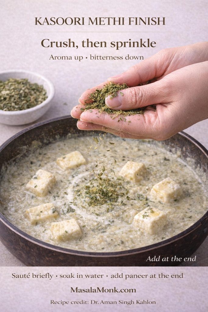 Kasoori methi finish for Balti Paneer Gravy showing dried fenugreek leaves crushed between fingers and sprinkled into the pale, creamy paneer gravy to boost aroma and prevent bitterness.