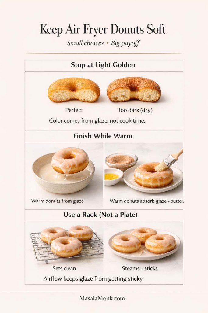 Infographic titled “Keep Air Fryer Donuts Soft” showing three habits: stop at light golden (perfect vs too dark and dry), finish donuts while warm (dip in glaze or brush with butter), and use a cooling rack instead of a plate so glaze sets cleanly and doesn’t steam and stick.