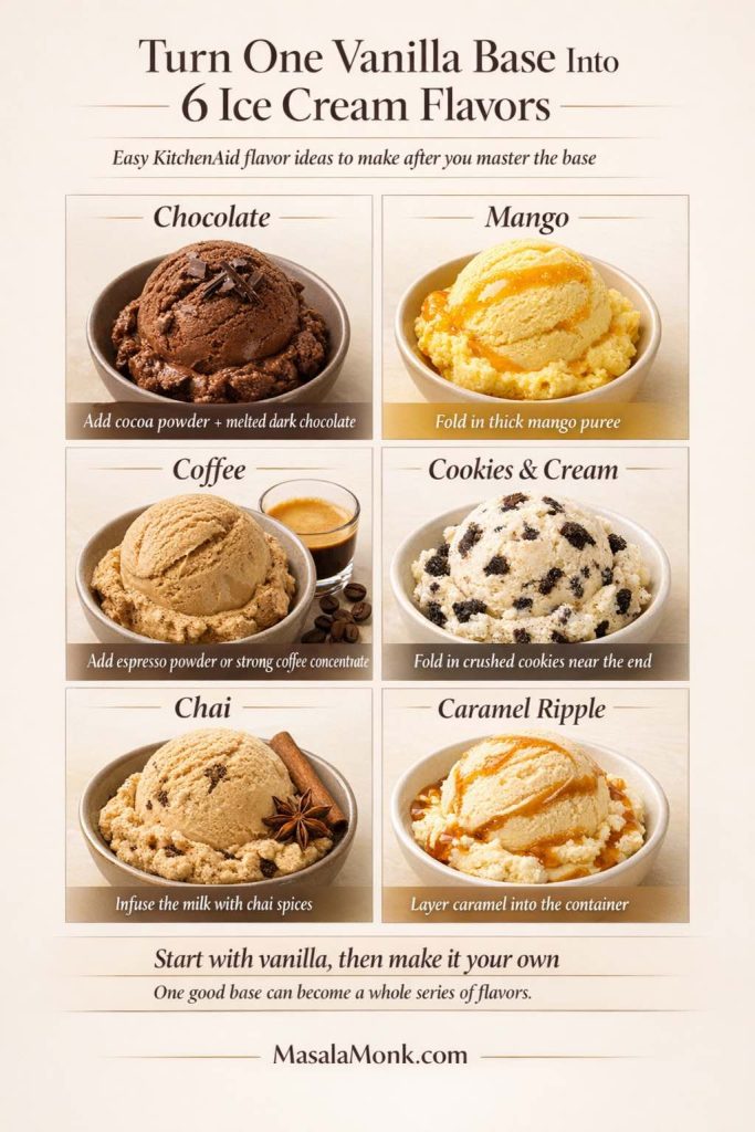 KitchenAid ice cream flavor guide showing how one vanilla base can become six homemade ice cream flavors: chocolate, mango, coffee, cookies and cream, chai, and caramel ripple.