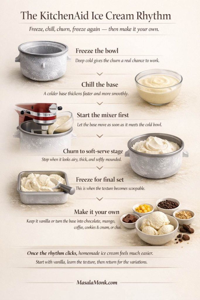 KitchenAid ice cream rhythm recap card showing the full homemade ice cream method: freeze the bowl, chill the base, start the mixer before pouring, churn to soft-serve stage, freeze for the final set, and turn the base into different flavors like chocolate, mango, coffee, cookies and cream, or chai.