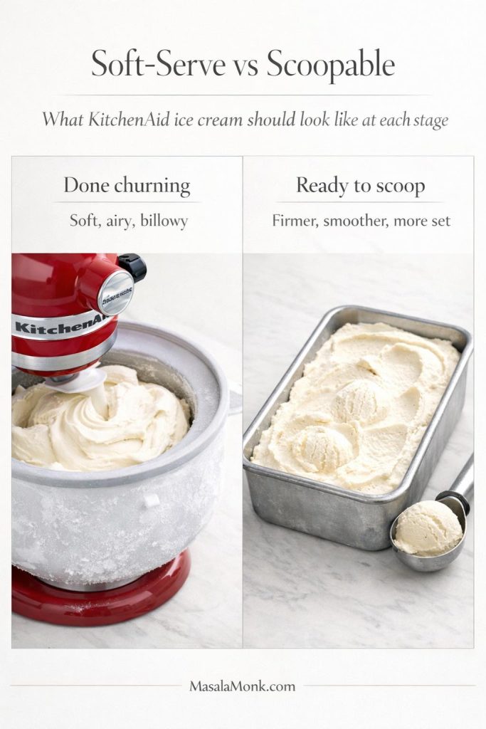 Comparison guide for KitchenAid ice cream texture stages, showing soft-serve ice cream in the mixer attachment bowl on one side and scoopable vanilla ice cream in a loaf pan on the other, to explain what homemade ice cream should look like after churning and after freezing.