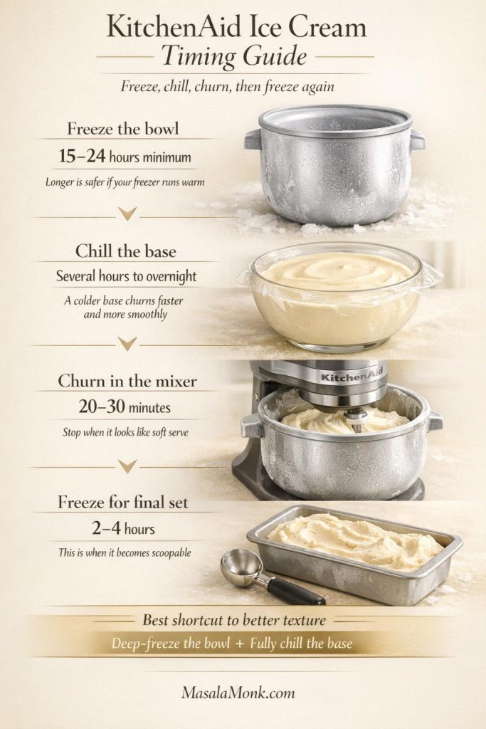 KitchenAid ice cream timing guide showing four stages for homemade ice cream: freeze the bowl for 15 to 24 hours, chill the base for several hours or overnight, churn in the mixer for 20 to 30 minutes until soft-serve texture, then freeze again for 2 to 4 hours until scoopable.