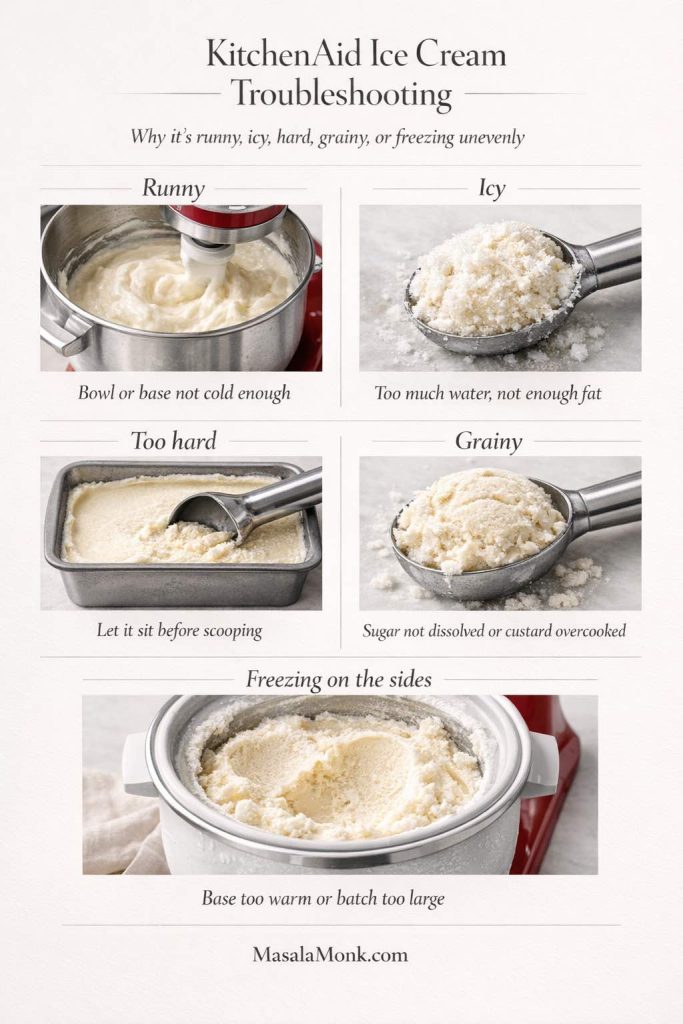 When homemade ice cream misses the mark, the texture usually tells you what went wrong. Use this quick guide to spot whether your batch needs a colder bowl, a better-balanced base, more resting time before scooping, or a smaller and better-chilled churn.