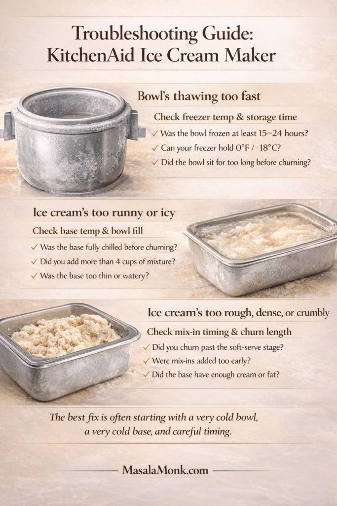 KitchenAid ice cream troubleshooting guide showing common homemade ice cream problems including bowl thawing too fast, runny or icy texture, and rough or dense texture, with fixes related to bowl freeze time, base temperature, batch size, and churning.