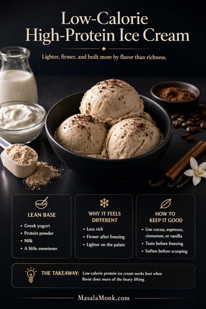 Low-calorie high-protein ice cream guide showing a lighter homemade protein ice cream in a black bowl with callouts for lean base, firmer texture after freezing, and flavor-building tips.