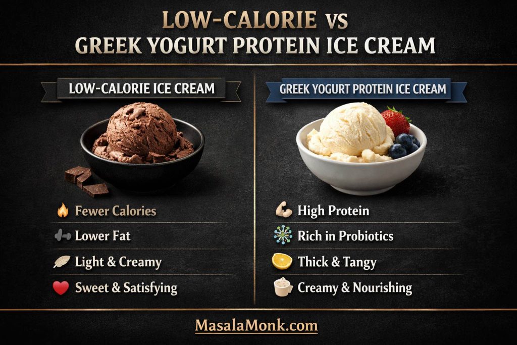 Low-calorie vs Greek yogurt protein ice cream comparison graphic showing how a leaner lighter scoop differs from a tangier Greek yogurt protein ice cream in texture, flavor, and overall eating experience.