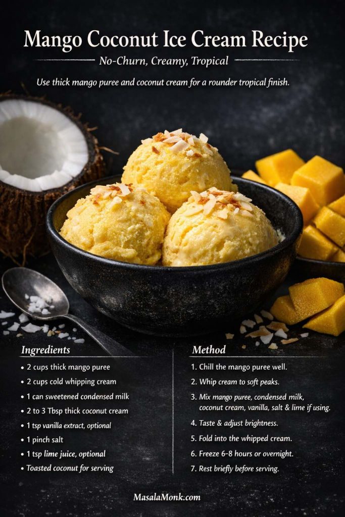 Photo recipe card for mango coconut ice cream showing creamy scoops in a dark bowl with toasted coconut, coconut halves, mango cubes, and a no-churn method overlay.