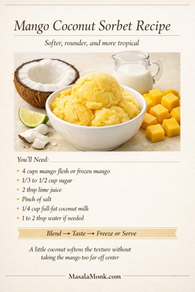 Mango coconut sorbet recipe card showing a bowl of mango sorbet with coconut milk, fresh coconut, mango cubes, lime, and ingredients for a tropical mango sorbet variation.