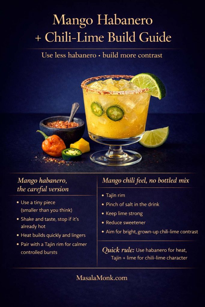 Premium mango habanero and chili-lime build guide showing a mango margarita with a Tajín-style rim, lime garnish, jalapeño and habanero cues, and side-by-side notes for using habanero carefully and building a chili-lime mango margarita without bottled mix, on a smooth dark blue background.
