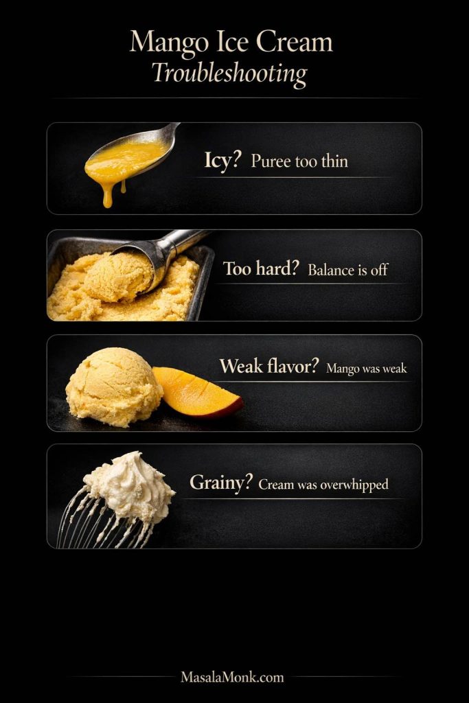 Troubleshooting guide for homemade mango ice cream showing common problems like icy texture, hard freezing, weak mango flavor, and grainy texture.