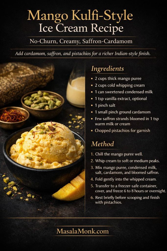 Photo recipe card for mango kulfi-style ice cream showing a creamy mango scoop with pistachios and saffron, plus a no-churn method and ingredient overlay on a dark background.