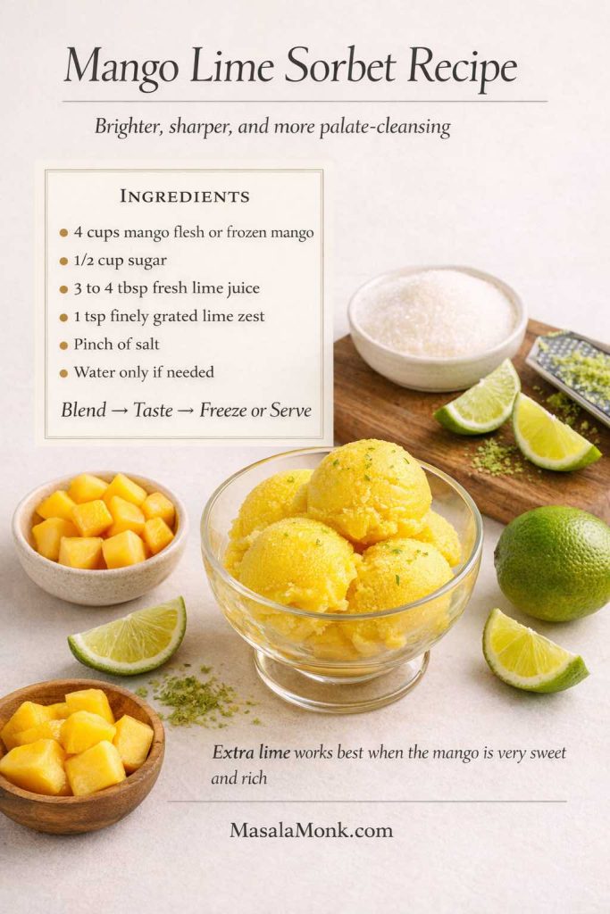 Mango lime sorbet recipe card showing a bowl of bright mango sorbet with lime wedges, mango pieces, sugar, lime zest, and ingredient notes for a mango sorbet recipe with extra lime flavor.