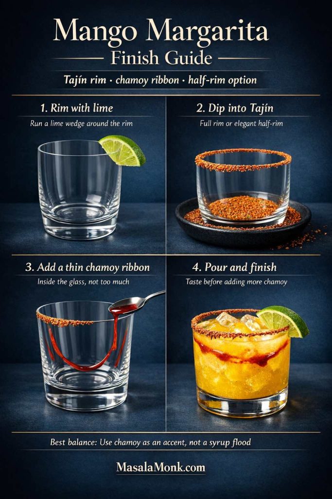 Premium mango margarita finish guide showing four steps for a Tajín and chamoy finish: rim the glass with lime, dip into Tajín, add a thin chamoy ribbon inside the glass, and pour the finished mango margarita over ice. The infographic uses photoreal cocktail visuals on a dark blue background.