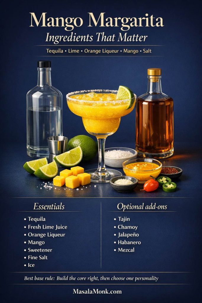 Premium mango margarita ingredients guide showing the core ingredients that matter for a mango margarita recipe: tequila, fresh lime juice, orange liqueur, mango, sweetener, fine salt, and ice, plus optional add-ons like Tajín, chamoy, jalapeño, habanero, and mezcal, arranged around a finished mango margarita on a smooth dark blue background.