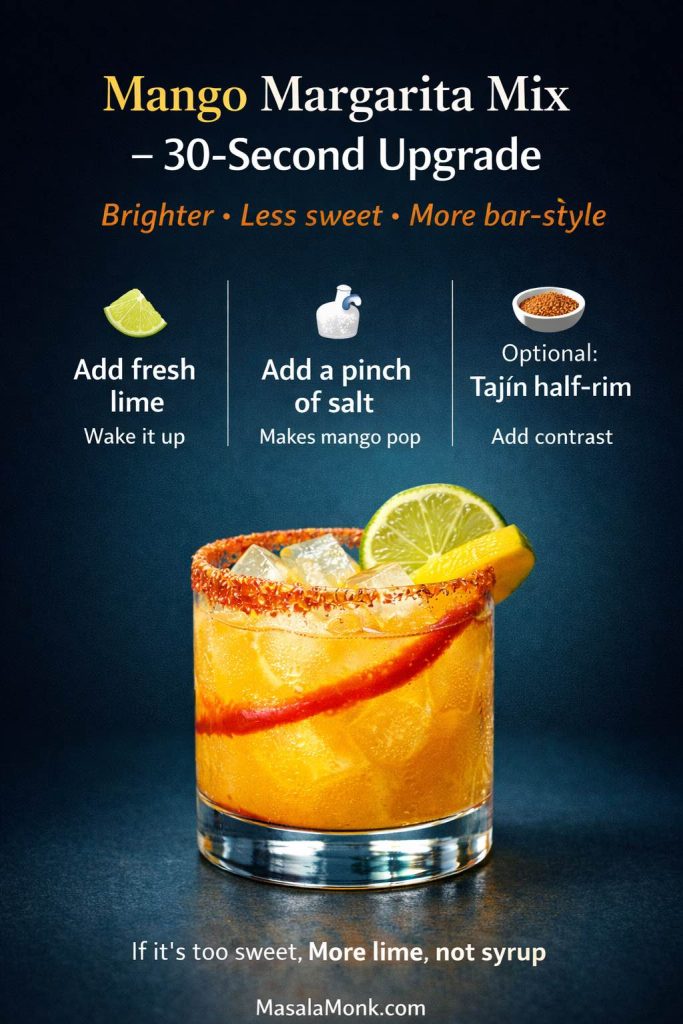 Using mango margarita mix or a ready-to-drink can? This quick upgrade makes it taste fresher: add fresh lime, add a pinch of salt, then finish with a Tajín half-rim for contrast—more lime, not syrup, if it’s too sweet.