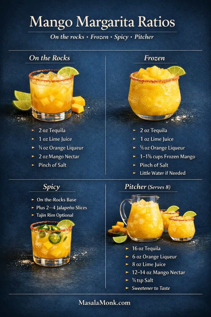 Premium mango margarita ratios infographic comparing four versions: on the rocks, frozen, spicy, and pitcher. The graphic shows photoreal mango margarita drinks with ingredient ratios for tequila, lime juice, orange liqueur, mango nectar or frozen mango, plus salt and optional jalapeño on a dark blue background.