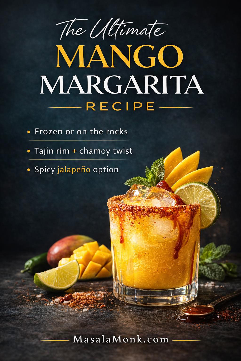 Premium magazine-style cover image of a mango margarita recipe: a chilled mango margarita with a Tajín rim and chamoy drizzle, garnished with mango slices, lime, and mint on a dark teal background, with text highlighting frozen or on the rocks and a spicy jalapeño option.