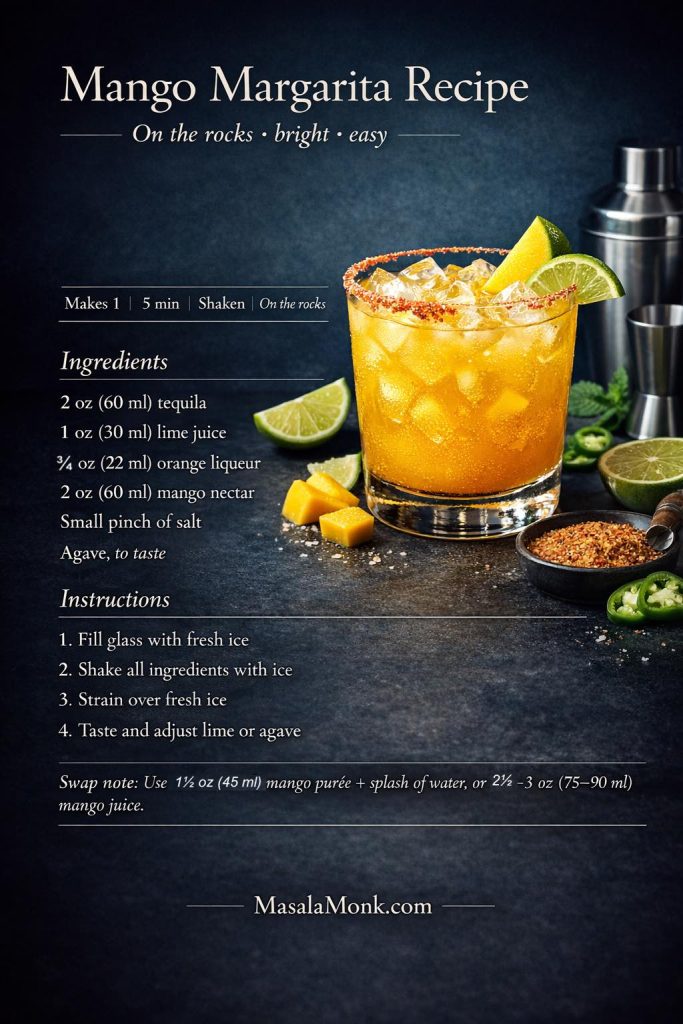 Premium recipe card for an easy homemade mango margarita on the rocks, showing a bright mango tequila cocktail with ice, lime, Tajín-style rim, ingredients, measurements, and step-by-step instructions on a dark blue background.