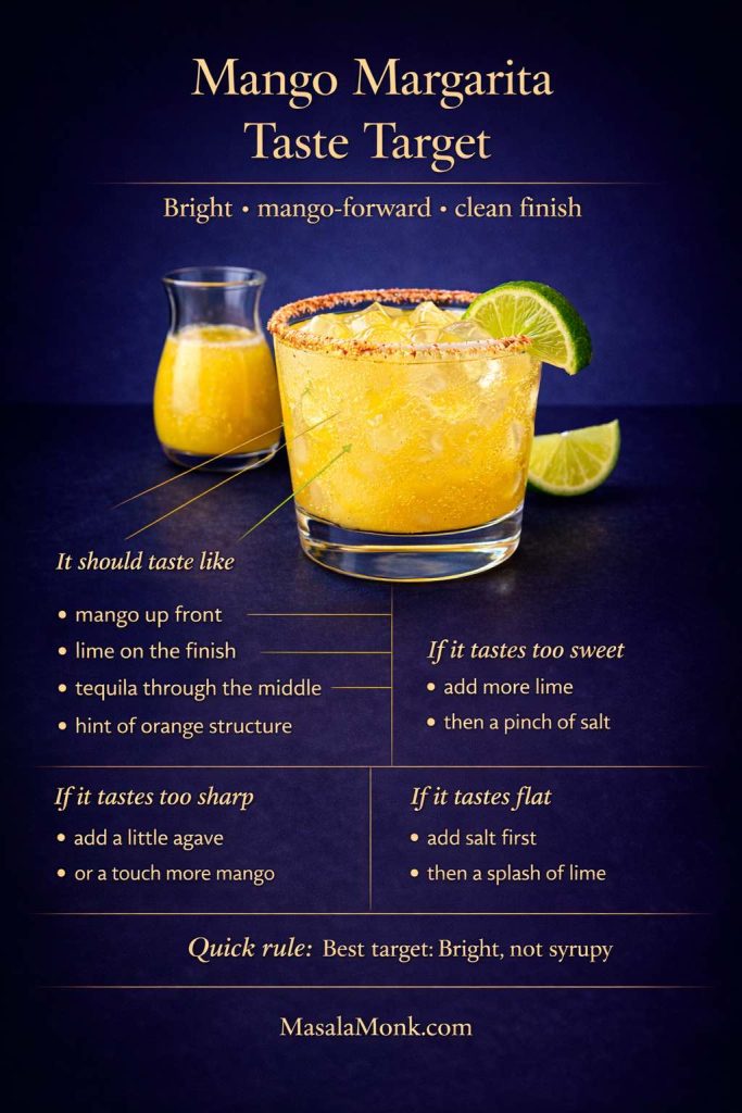 This mango margarita taste target guide shows what the drink should actually taste like once it’s balanced: mango up front, lime on the finish, tequila through the middle, and a hint of orange structure. It also gives the fastest fixes if your mango margarita turns out too sweet, too sharp, or too flat, so you can adjust it without guessing. Save this one as your quick calibration card before you move on to the frozen version, spicy jalapeño twist, Tajín finish, or pitcher build.