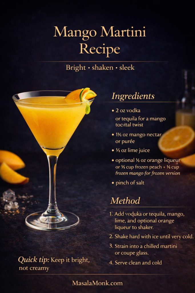This mango martini recipe card gives the post a sleeker mango cocktail detour with a colder, cleaner, more polished feel than the margarita variations. Made with vodka or tequila, mango nectar or purée, fresh lime juice, and optional orange liqueur, it shows how to make a mango martini cocktail that stays bright, glossy, and fruit-forward without turning heavy or creamy. Save this card when you want a more elegant mango drink, then keep reading for the easy tequila and mango juice option if you want something lighter and more casual.