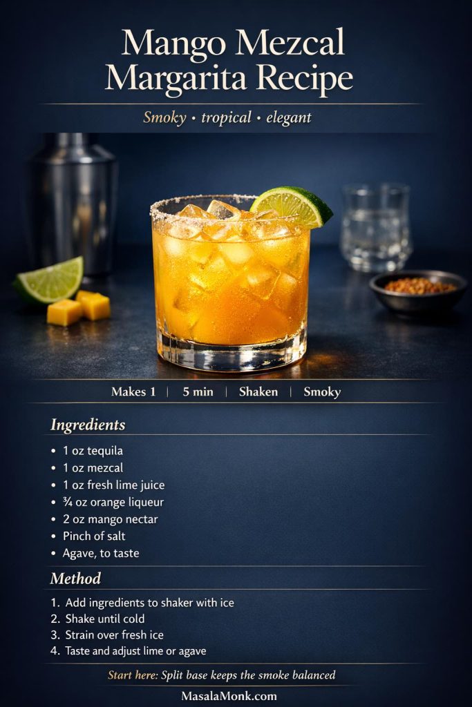 Premium mango mezcal margarita recipe card showing a smoky mango margarita on the rocks with lime wedge, salted rim, ingredient list, and step-by-step method on a dark blue studio background.