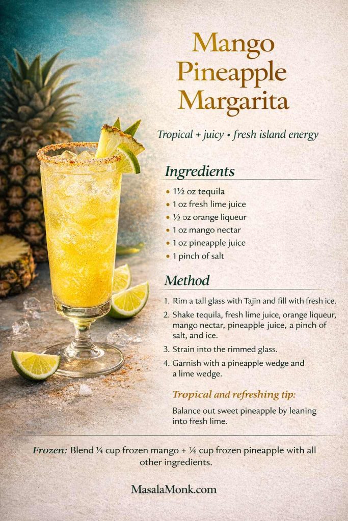 This mango pineapple margarita recipe card gives the variation a more tropical, vacation-style feel with a tall stemmed glass, pineapple juice, mango nectar, fresh lime, and a bright Tajín-style rim. It’s a useful visual for anyone wanting a pineapple mango margarita that tastes juicy and sunny without getting syrupy. The key is to keep lime slightly stronger than you think you need so the drink stays margarita-shaped instead of drifting into fruit punch territory. Save it for summer hosting, then keep reading for the strawberry mango margarita, orange mango margarita, peach mango margarita, and sleeker mango cocktail detours below.