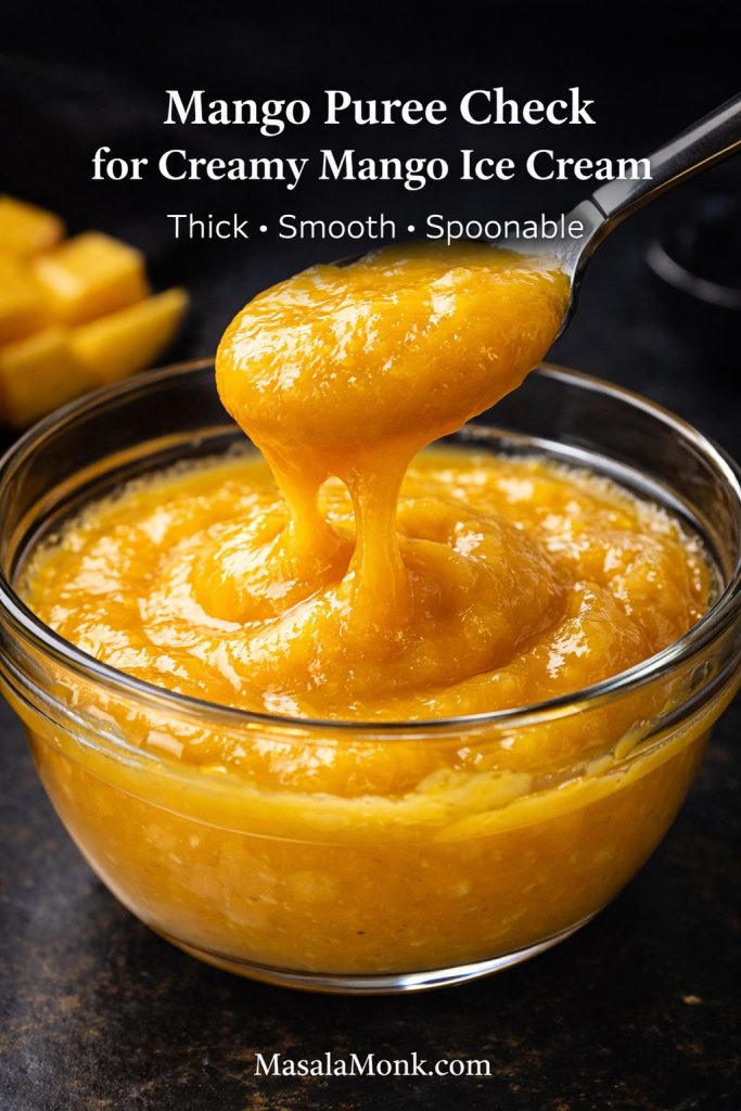 Thick smooth mango puree lifted on a spoon over a bowl, showing the right puree texture for creamy homemade mango ice cream.
