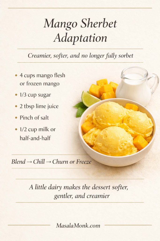 Mango sherbet adaptation recipe card showing a creamier mango frozen dessert with milk or half-and-half, lime, mango cubes, and a softer scoop texture than classic mango sorbet.