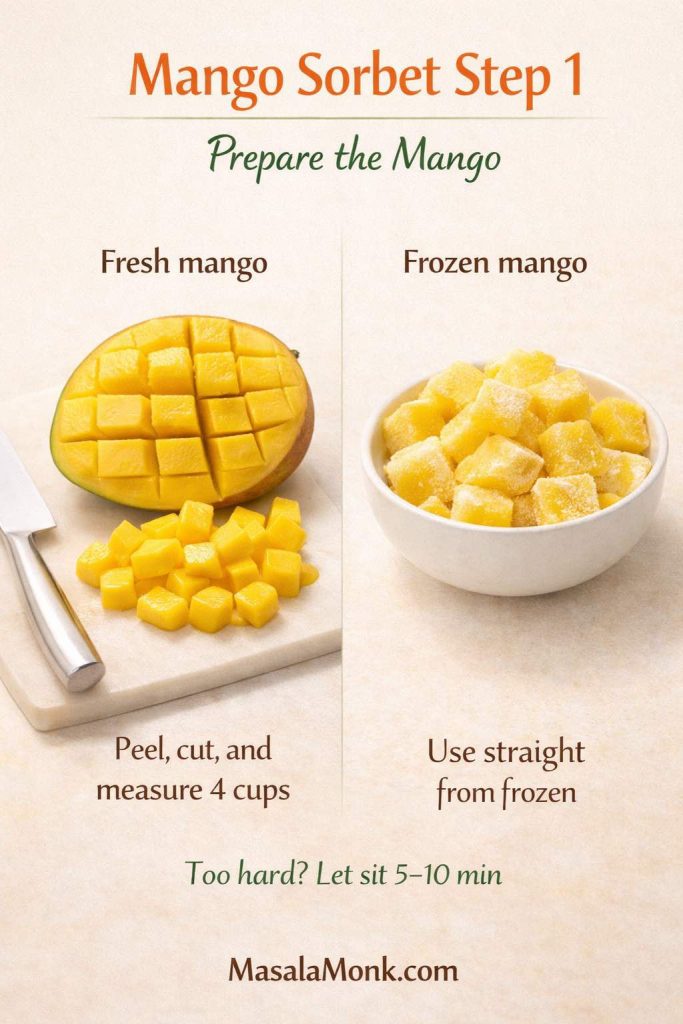 Step 1 mango sorbet guide showing how to prepare fresh mango and frozen mango for a mango sorbet recipe, with fresh mango cut and measured on one side and frozen mango used straight from frozen on the other.