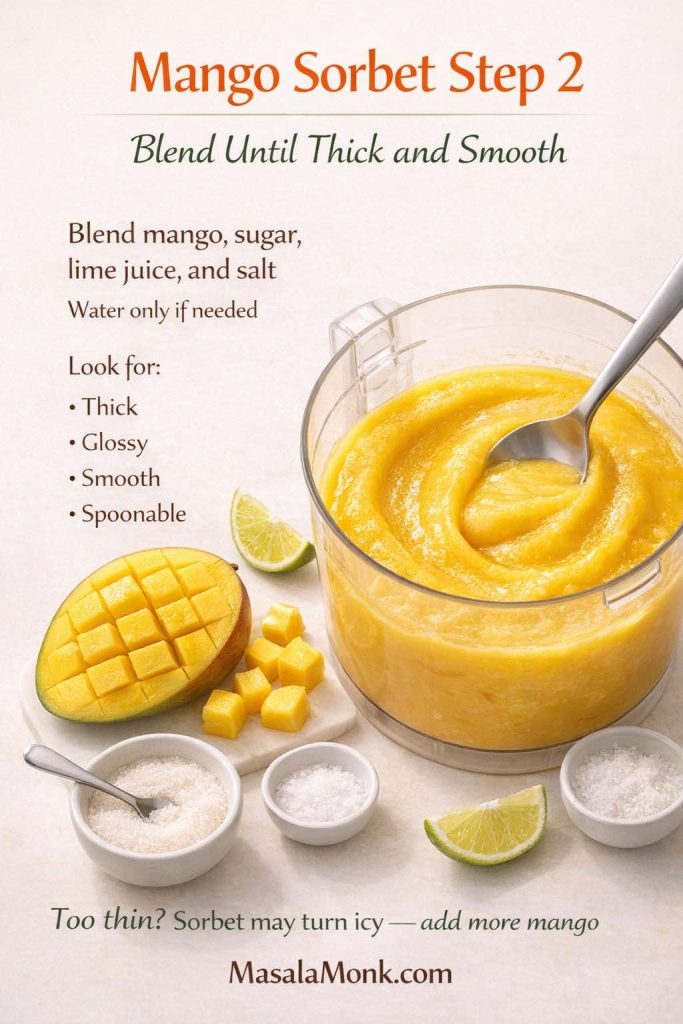 Step 2 mango sorbet graphic showing mango, sugar, lime juice, and salt blended into a thick glossy smooth base in a food processor, with texture cues and a tip that thin sorbet base may turn icy.