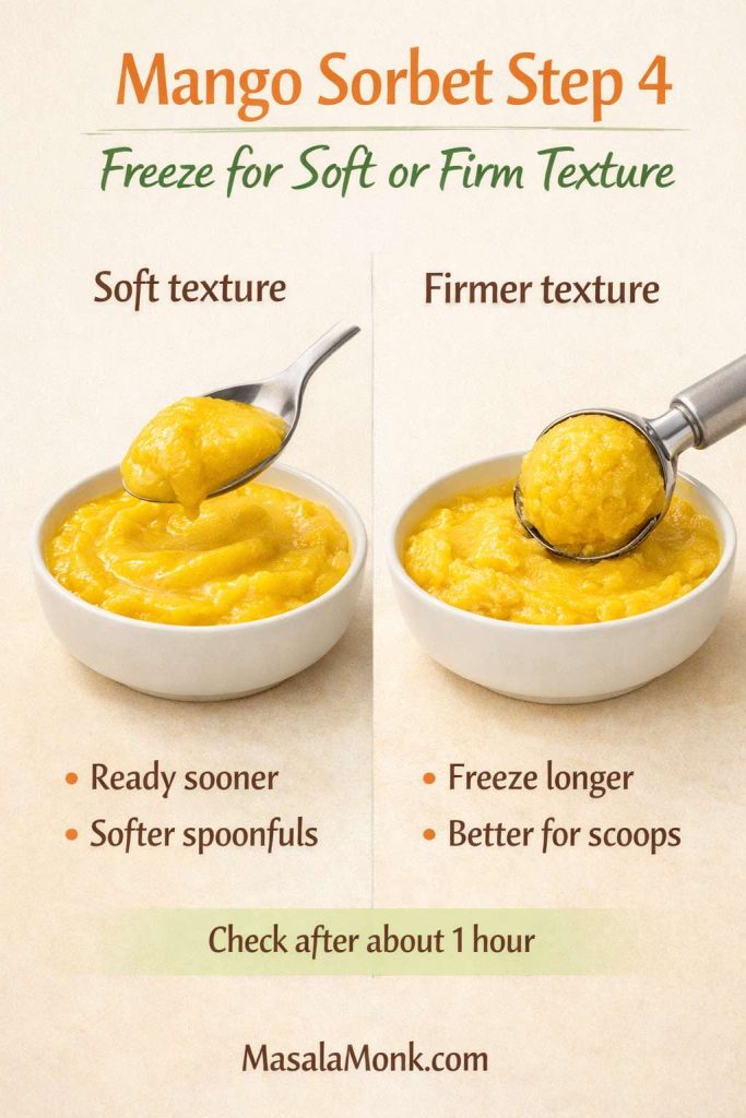 Step 4 mango sorbet texture guide comparing soft mango sorbet ready sooner with firmer mango sorbet frozen longer for scoops, showing two bowls with different spoon textures and a note to check after about 1 hour.