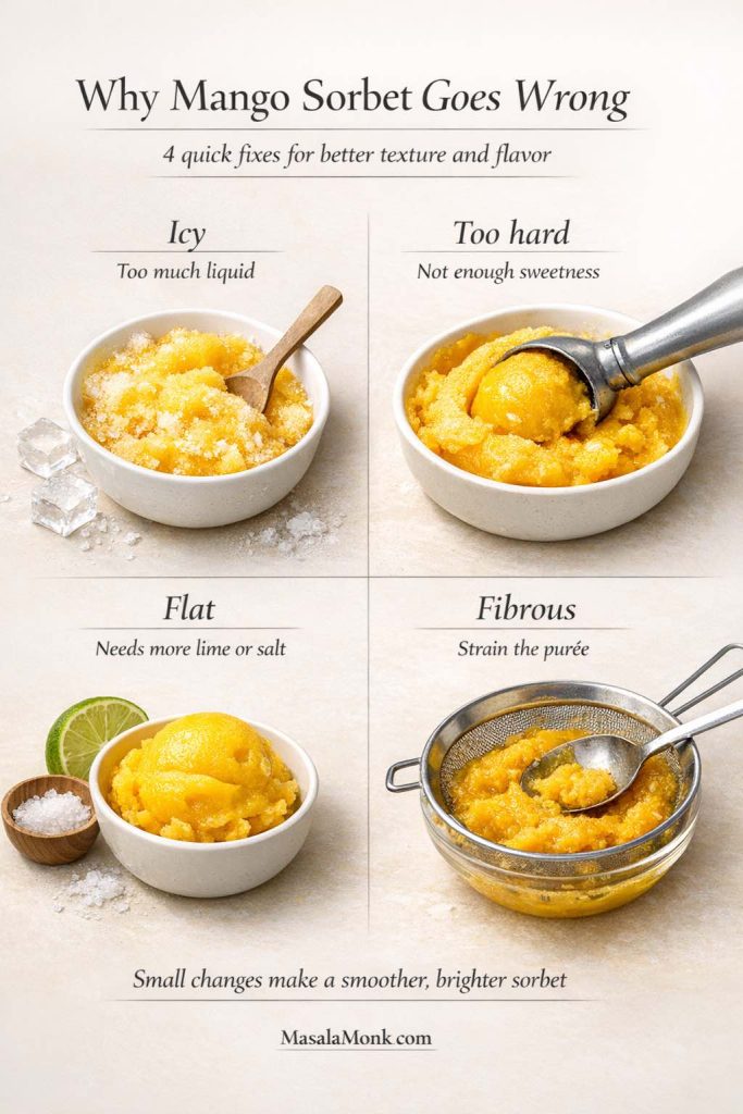 Mango sorbet troubleshooting guide showing four common problems in a mango sorbet recipe: icy sorbet from too much liquid, hard sorbet from not enough sweetness, flat flavor needing more lime or salt, and fibrous texture that should be strained.