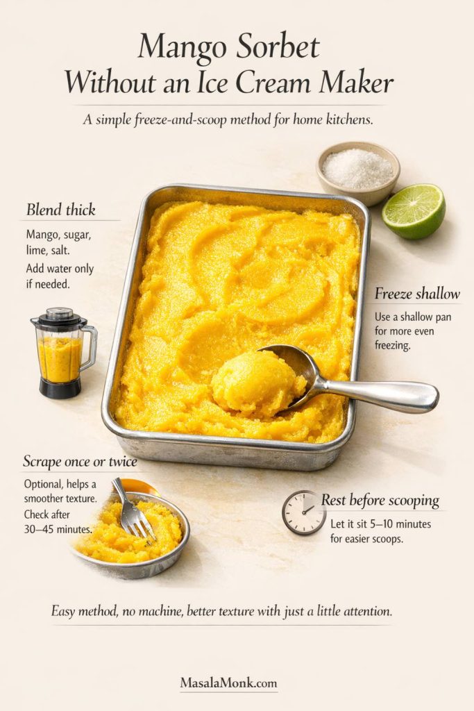 Step-by-step mango sorbet without ice cream maker guide showing a thick blended mango sorbet base, freezing in a shallow pan, scraping once or twice for smoother texture, and resting 5 to 10 minutes before scooping.