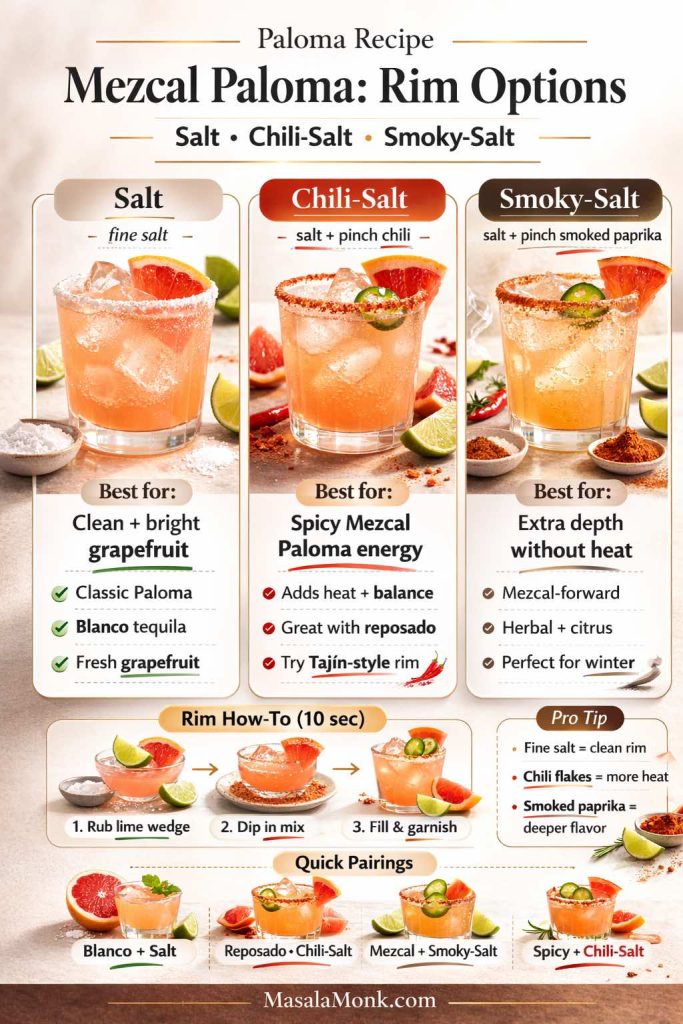 Infographic titled “Mezcal Paloma: Rim Options” showing three rim choices for a mezcal Paloma: Salt (fine salt) for clean, bright grapefruit; Chili-Salt (salt plus a pinch of chili) for spicy mezcal Paloma energy; and Smoky-Salt (salt plus a pinch of smoked paprika) for extra depth without heat, with quick rim tips and pairing suggestions.